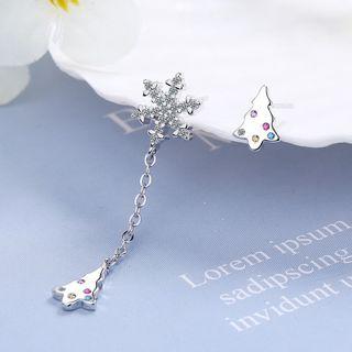 Christmas Tree Snowflake Rhinestone Asymmetrical Dangle Earring 1 Pair - Silver - One Size