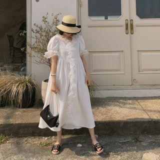 Ruffle-trim Long Flared Dress Ivory - One Size