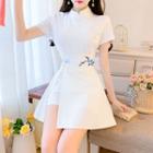 Set: Short-sleeve Floral Embroidered Mini Qipao Dress + Shorts