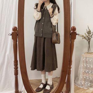 Long Sleeve Shirt / Buttoned Knit Vest / A-line Skirt / Set