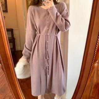 Snap Button Fleece Vest / Buttoned A-line Midi Knit Dress