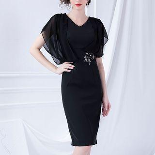 Flower Detail Short-sleeve Sheath Dress