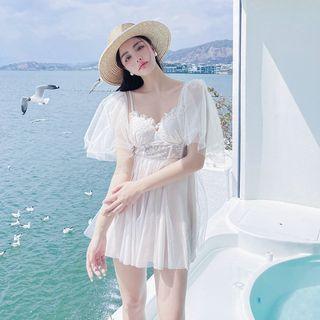 Puff-sleeve Mesh Swim Dress