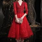 3/4-sleeve Rhinestone Lace A-line Evening Gown