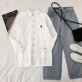 Embroidered Double-pocket Long-sleeve Blouse White - One Size