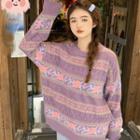 Long-sleeve Flower Print Perforated Sweater