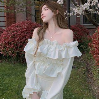 Layered Off-shoulder Chiffon Crop Top White - One Size