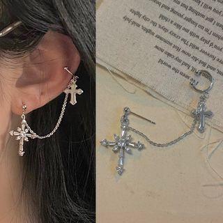 Cross Drop Earring Single - 1532a - Silver - One Size