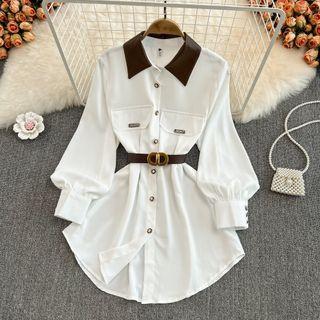 Puff-sleeve Contrast Collar Mini Shirt Dress