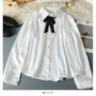 Tie-neckline Puff-sleeve Loose Shirt White - One Size