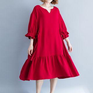 V-neck 3/4-sleeve A-line Dress Wine Red - One Size