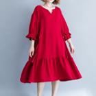 V-neck 3/4-sleeve A-line Dress Wine Red - One Size
