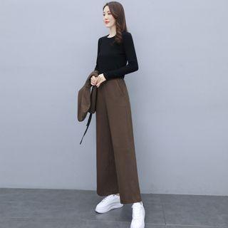 Set: Long-sleeve T-shirt + Hooded Vest + Cropped Wide-leg Pants