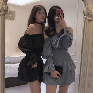 Boatneck Ruffled-trim Mini Dress
