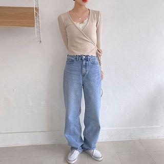 Lettuce-edge Cropped Surplice-wrap Cardigan