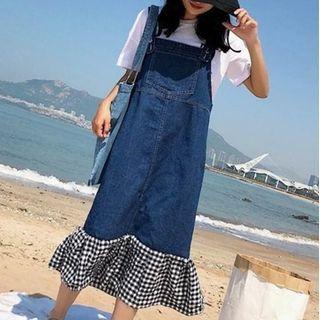 Gingham Panel Midi Denim Overall Dress
