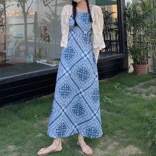 Spaghetti Strap Paisley Print Midi A-line Dress / Lace Cardigan