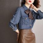 3/4-sleeve Tie-neck Denim Shirt