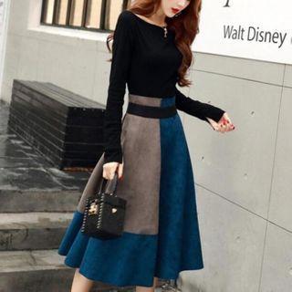 Set: Long-sleeve Top + Two-tone Midi A-line Skirt