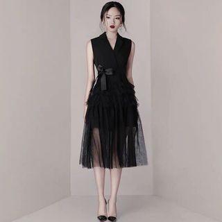 Bow Accent Mesh Panel Sleeveless Midi A-line Dress