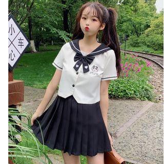 Set: Sailor Collared Short-sleeve Shirt + Pleated Skirt