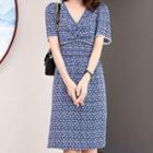 Short-sleeve Rhinestone Trim Patterned A-line Dress