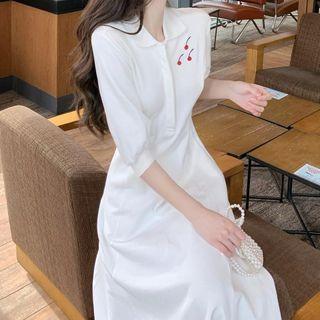 Short-sleeve Cherry Embroidered Midi A-line Polo Dress