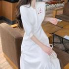 Short-sleeve Cherry Embroidered Midi A-line Polo Dress
