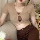 Set: Short-sleeve Cutout Cropped T-shirt + Camisole Top Coffee - One Size