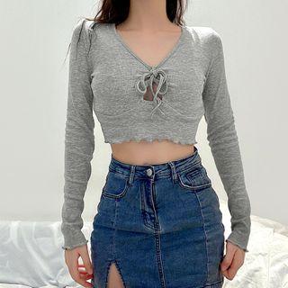 V-neck Tie-front Cut-out Crop Knit Top