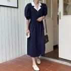 Puff-sleeve Contrast Collar Midi A-line Dress Blue - One Size