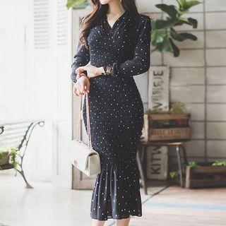 Long-sleeve Dotted Midi Sheath Dress