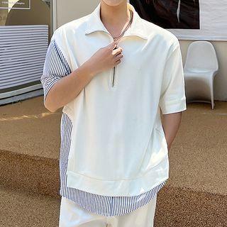 Short-sleeve Half-zip Striped Panel T-shirt
