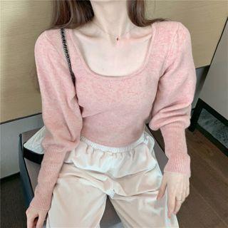 Puff-sleeve Square-neck Knit Sweater Pink - One Size