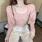 Puff-sleeve Square-neck Knit Sweater Pink - One Size