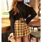 Cold Shoulder Long-sleeve Top / Plaid Pleated Skirt