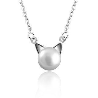 925 Sterling Silver Cat Necklace With White Freshwater Cultured Pearls