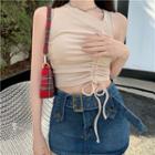 Asymmetric Neck Sleeveless Drawstring Top / Mini Denim Skirt With Buckle Belt