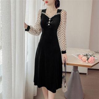 Long-sleeve Dotted Mesh Midi A-line Velvet Dress