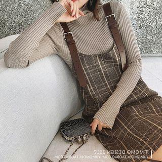 Set: Turtleneck Ribbed Knit Top + Buckled Plaid Jumper Dress