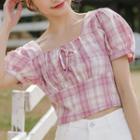 Puff-sleeve Square Neck Plaid Cropped Top