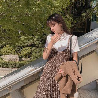 Pleated Floral Long Strappy Dress