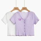 Butterfly Applique Buttoned Short-sleeve Cropped Top