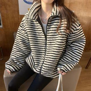 Stand Collar Striped Zip-up Fleece Jacket Stripe - Black - One Size