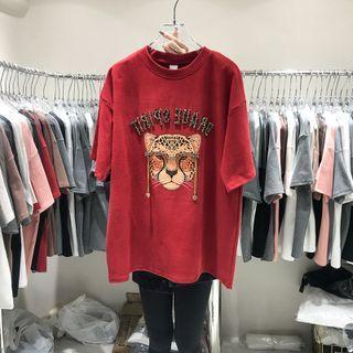 Elbow-sleeve Cartoon Print Sequined T-shirt