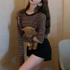 Long-sleeve Striped Cutout T-shirt / Plain Wide-leg Shorts