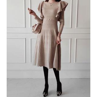 Ruffle-trim Tie-back Ribbed Knit Dress