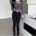 Long-sleeve Mesh Trim Fitted Top