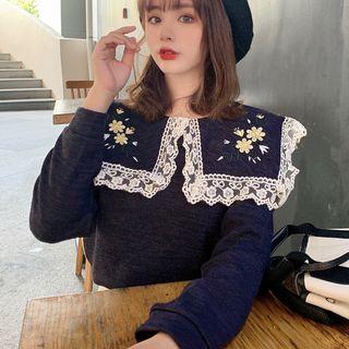 Embroidered Sailor Collar Long-sleeve Top