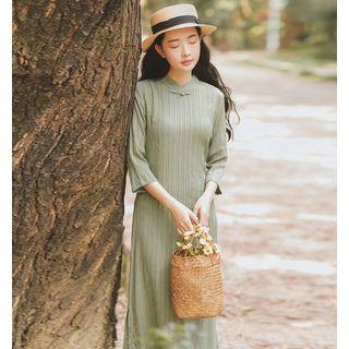 3/4-sleeve Mandarin Collar Midi Dress